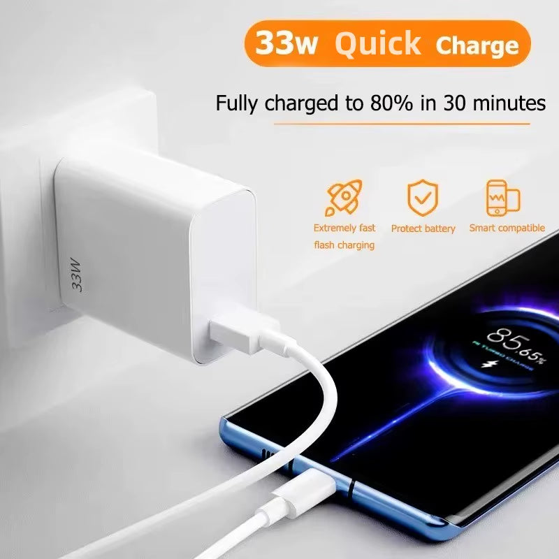 33W USB Fast Charger Quick Charge 3.0 USB Type C Cable 6A for Xiaomi Redmi Note 13/12 Iphone Samsung Mobile Phone Charge Adapter